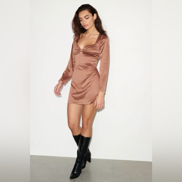 Dynamite NWT brown satin silk look mini bodycon dress size Medium - Picture 7 of 10